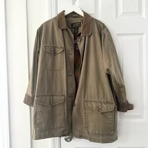 Eddie Bauer Khaki Vintage 80s Chore Jacket Tan Corduroy Collar Cuffs MP Lined